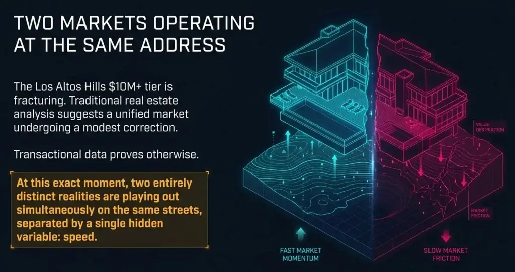 Infographic showing two real estate markets operating at the same address, with a split neon 3D diagram (blue fast market, magenta slow market) and a highlighted quote box about two realities.