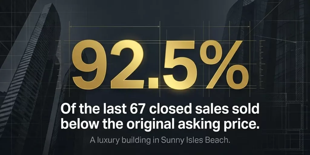 92.5% of the last 67 closed sales sold below the original asking price; illustration for a luxury building in Sunny Isles Beach